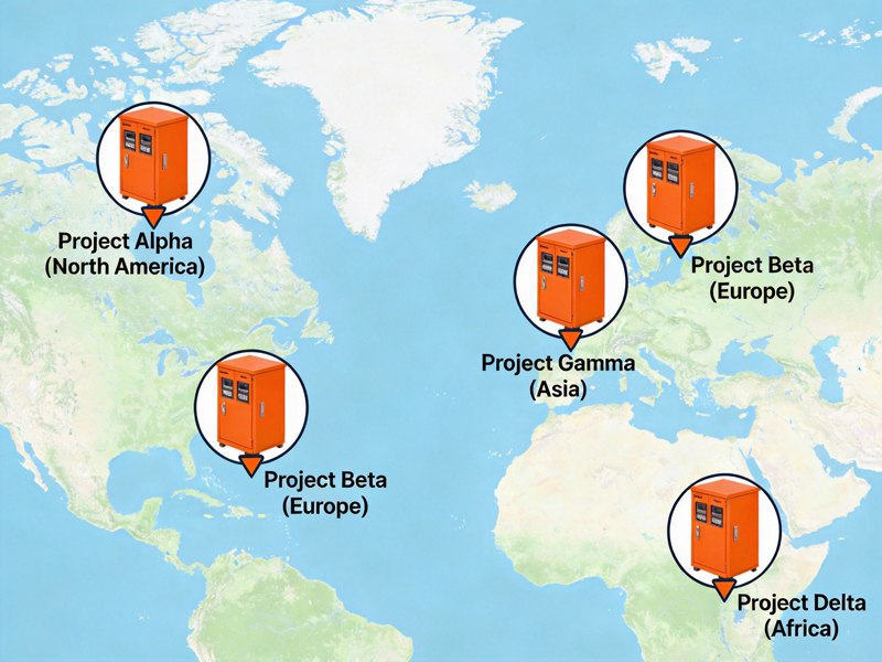 Global map highlighting power distribution cabinet installations across multiple continents with project markers