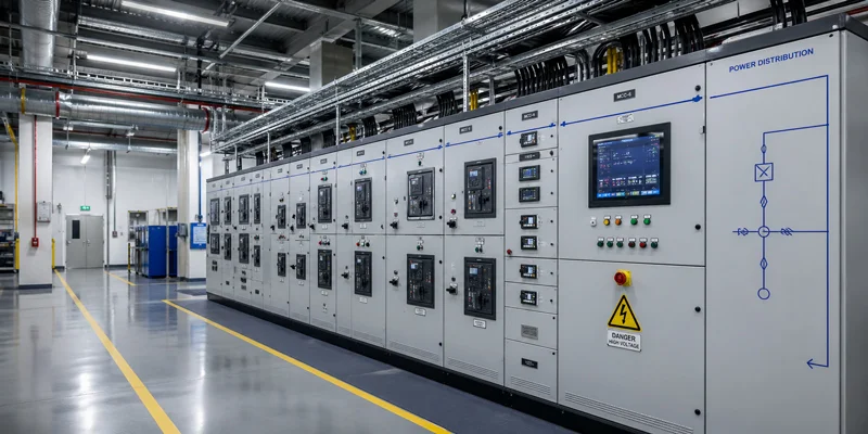modern industrial facility with advanced power distribution panels in the background
