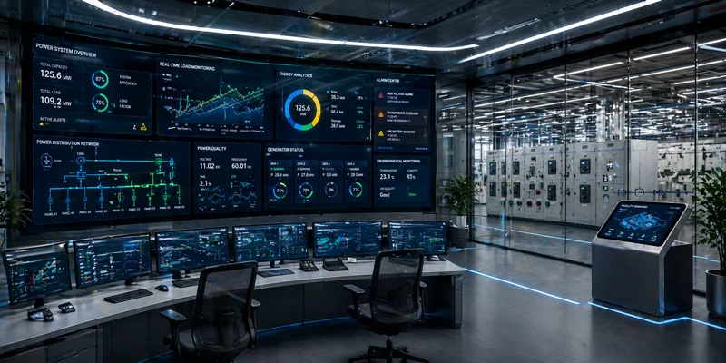 futuristic facility control center with integrated power monitoring systems